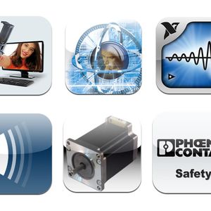 Die sechs Finalisten der Kategorie Technik-Apps: v.l. Part Community 3D CAD Modelle, Sphinx Open Online Viewer, Data Dashboard for Labview, Etend 7000, E-Drives und Phoenix Contact Safety.