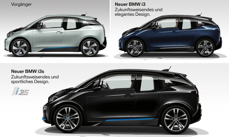 Das Vorgänger-Modell (links oben), der aktuelle i3 (rechts oben) und der i3s (unten) im direkten Vergleich. (BMW)