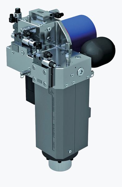 Kompakt und leistungsstark – der ePrAX 15 mit einer Presskraft von 550 kN pro Achse. Deutlich zu erkennen: der kleine Servomotor (links neben dem Zylinder), der ein präzises Positionieren von 5 µm ermöglicht. (Bild: Hoerbiger)