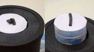 Le nouveau matériau est recourbé en forme de boucle à l’aide d’une pince puis placé dans le champ magnétique d'un aimant circulaire. Là, même lorsqu’on retire la pince, le matériau garde sa forme. Ce n’est que lorsque l’aimant est retiré et le champ magnétique supprimé que le matériau reprend sa forme d’origine. (Source : Institut Paul Scherrer - ETH Zurich/Paolo Testa)