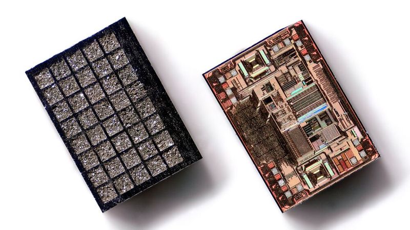Prototyp eines Sensorchips mit Microbias. Links: Chip-Rückseite mit Matrix aus 5x8 Mikromagneten; Rechts: Chip-Oberseite mit integrierten 3D-Sensoren und Sensorsignalverarbeitung.(Bild:  Fraunhofer IIS)