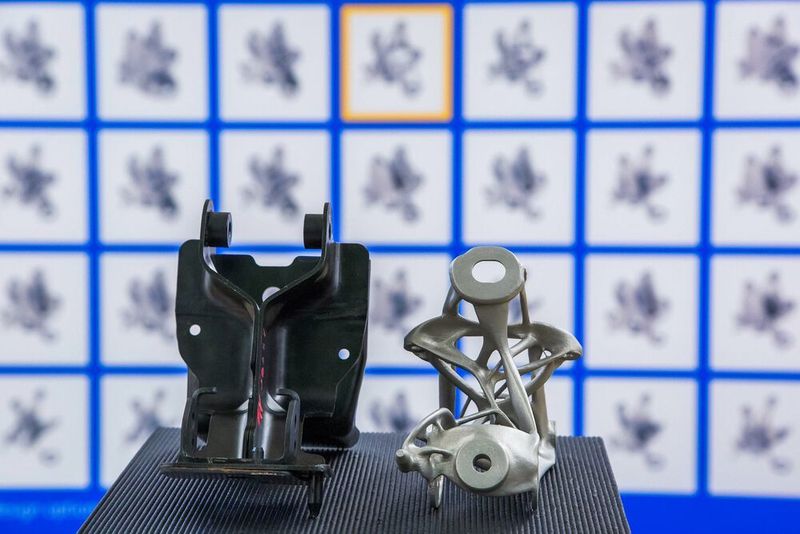 Der Automobilhersteller General Motors kooperierte mit Autodesk, um mit Hilfe von Künstlicher Intelligenz aus acht Teilen einer Sitzkonsole ein einziges Teil zu schaffen, was extrem viel Gewicht sowie Material einspart. (Image courtesy of General Motors)