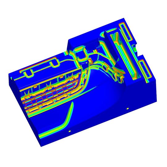 The medial ball analysis tool can compute curvature and local accessibility on large complex parts in seconds. The above image shows the medial ball result for a 20mm diameter cutter.(Source:  Machine Works)