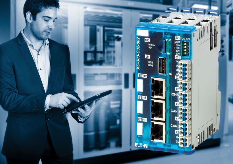 Mit XC300 bietet Eaton eine flexible Steuerung, die es Maschinen- und Anlagenbauern erlaubt, in Kombination mit dem kompakten I/O-System XN300 und dem Touchpanel XV300 ein schlankes und modernes Automatisierungskonzept zu realisieren. Der Prozessor des Systems ermöglicht geringe Zykluszeiten von unter 1 ms, sodass Anwender einen hohen Maschinentakt und damit eine hohe Produktivität erzielen können. Dank der Vielzahl an Schnittstellen eignet sich die Steuerung als universeller und flexibler Datenknoten für unterschiedlichste Anwendungen. Ein integrierter OPC-Server erlaubt die standardisierte Datenübertragung in der M2M-Kommunikation, sodass sich die XC300 nahtlos in Automatisierungsarchitekturen für Industrie 4.0 einbinden lässt. Hannover Messe: Halle 11,  Stand C71. (Eaton)