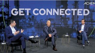 (left) Dr. Björn Mathes, Member of the Board of Dechema Exhibitions and (center) CEO Dr. Thomas Scheuring during the Achema Pulse media preview. (Source:Dechema)