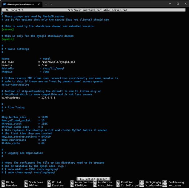 Bearbeitung der Datei „/etc/mysql/mariadb.conf.d/50-server.cnf“ zur Konfiguration von InnoDB-Puffern und Verbindungsparametern. (Bild: Joos - Nextcloud)