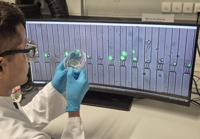 Fig. 1: Un chip CellTrap prima dell'immagine al microscopio in tempo reale delle trappole. Ogni camera contiene poche cellule immunitarie e tumorali, la cui interazione viene monitorata per molte ore.(Bild:  TUM)