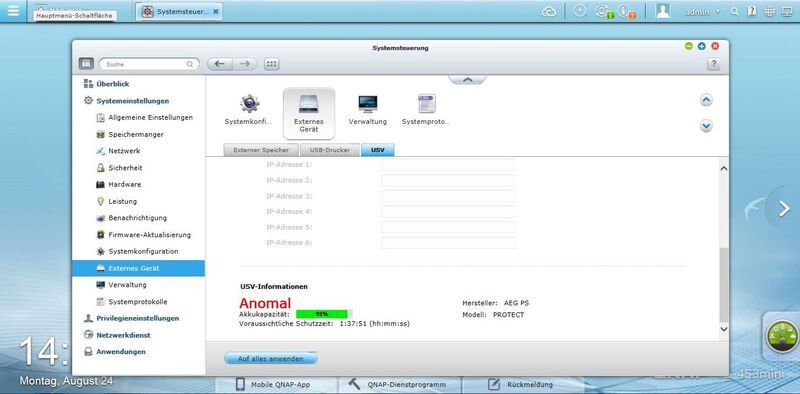 USV Betrieb an Qnap NAS: Fehler! (Bild: AEG PS)
