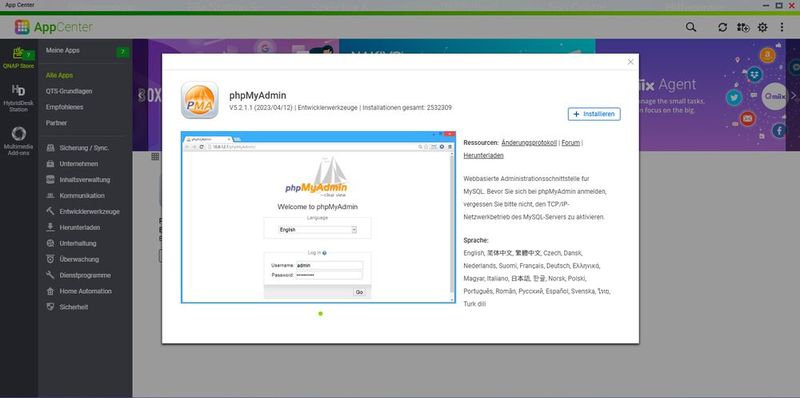 Mit phpMyAdmin lässt sich die Wordpress-Installation aufbauen. (Bild: Joos – QNAP)