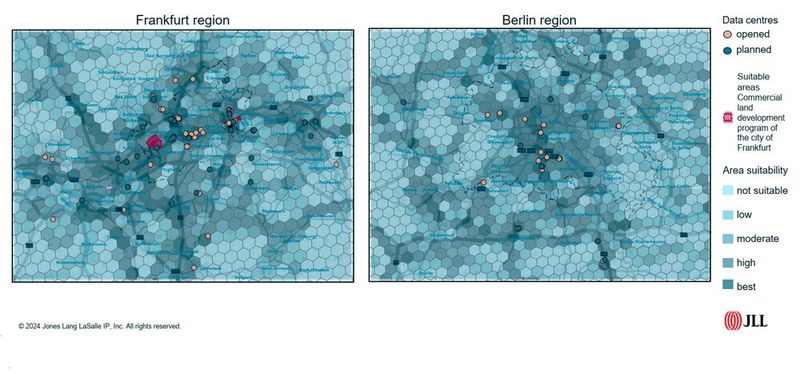 Die Bilder setzen grafisch eine Bewertung von JLL der verschiedenen Regionen um. Die Aussage dazu lautet: „Es gibt erste Anzeichen einer Übersättigung.“ (Bild: JLL Research/Structure Research)
