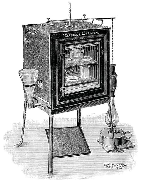1890: Florenz Sartorius nimmt Wärmeschränke für bakteriologische Zwecke ins Portfolio auf und entwickelt diese weiter (Sartorius)