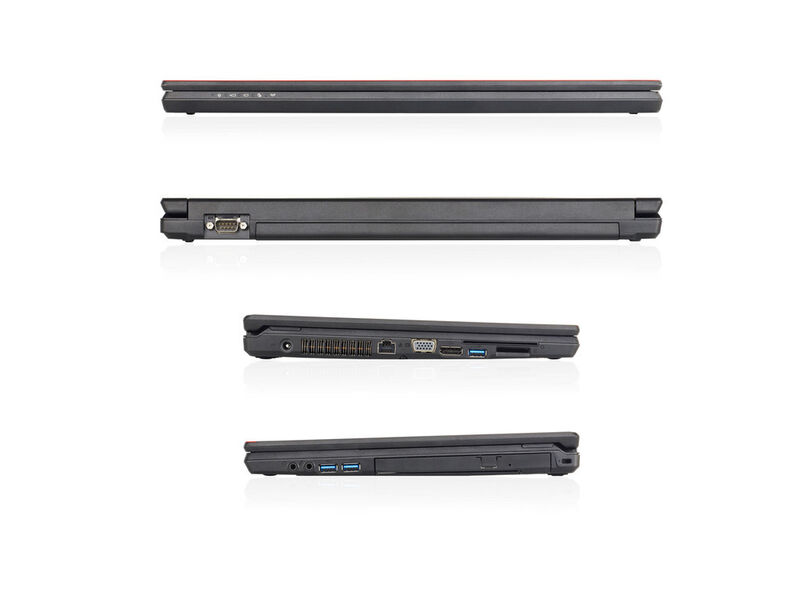 Die beiden Notebooks, hier das Lifebook E554, bieten eine umfangreiche Schnittstellenpalette, auf Wunsch sind die Geräte sogar mit einem seriellen Port lieferbar. Der Moduleinschub auf der rechten Seite nimmt einen DVD-Brenner, ein Leermodul oder ein Modul mit einer Festplatte auf. (Bild: Fujitsu)