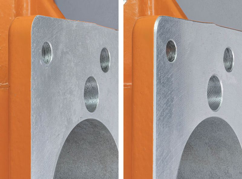 Ein Teil des Aluminiumgussbauteils, der vom Ibex-Entgratsystem bearbeitet wird – links vor der Bearbeitung und rechts danach. Der eingesetzte Ibex-8-Millimeter-Fräser mit spezieller „Cross-Cut“-Geometrie kann durch den eingesetzten Ausgleichshalter auch die Ausbuchtung auf der Oberseite der Kontur prozesssicher anfasen. (Bild: Kempf)