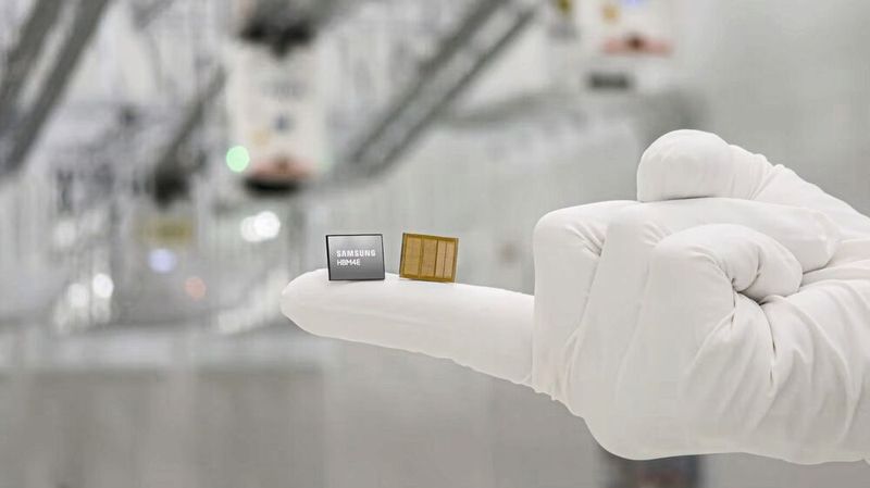 HBM4E-Speicherbausteine von Samsung: Samsung und SK Hynix sind die treibenden Kräfte hinter einer der größten Halbleiteroffensiven in Südkorea. Lokalen Medienmeldungen zufolge planen die beiden Speicherhersteller Investitionen von bis zu 2 Billiarden Won vor (umgerechnet rund 1,3 bis 1,4 Billionen US-Dollar oder 1,2 Billionen Euro).(Bild:  Samsung)
