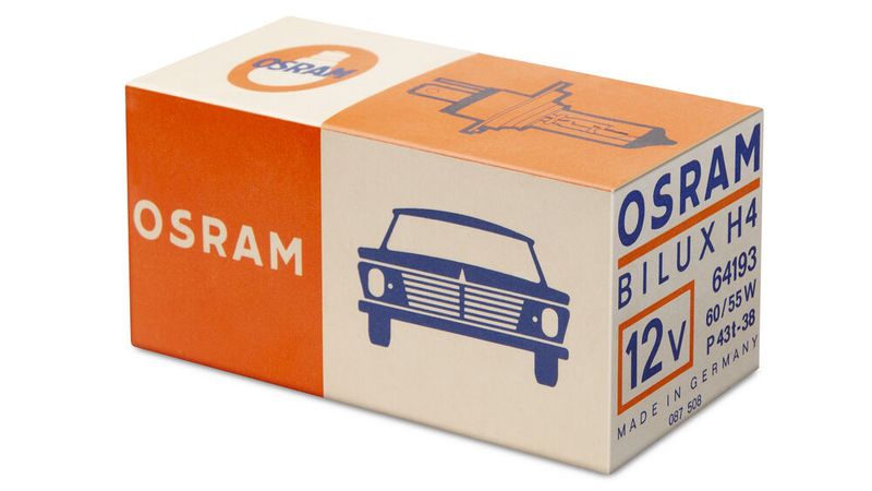 Historische Verpackung für eine H4-Lampe. Diese Lichttechnik gibt es bei Osram seit dem Beginn der 1970er-Jahre. (Bild: Osram)