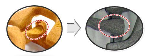 Das neue Verfahren mit fließfähigerem Material (r.) ermöglicht es, dünnere und komplexere Kühlasserkanäle zu fertigen. (Bild: Toyota)