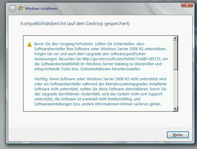 Abbildung 4: Der Installationsassistent erstellt einen Kompatibilitätsbericht. Dieser ersetzt aber keinesfalls eigene Diagnosen der installierten Serveranwendungen. (Bild: Joos)
