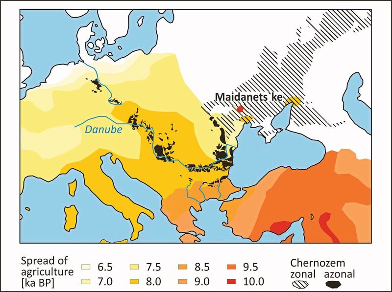 Die Schwarzerden der gemäßigten Klimazonen (temperate humid) sind in schwarz dargestellt und finden sich v. a. entlang der großen Flusssysteme Donau und Elbe. Entlang dieser hat sich auch das „Neolithische Paket“ verbreitet. Die zeitliche Angabe ist in BP (before present = vor heute). Die Symbiose Mensch–Regenwurm ist viele tausend Jahre alt und hat in vielen Regionen zur Entstehung von Schwarzerden geführt.