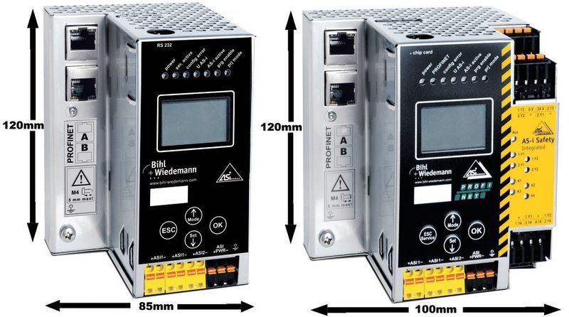 AS-i 3.0 Profinet Gateway (links) und AS-i 3.0 Profinet-Gateway mit integriertem Sicherheitsmonitor (rechts)  (Bild: Bihl+Wiedemann)