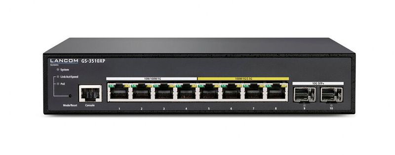 Lancom GS-3510XP: Lautloser 10-Port Multi-Gigabit Ethernet Access Switch mit PoE für kleine Büroumgebungen als Grundlage für kleinere Netzwerkinfrastrukturen, in welche Komponenten mit hohen Leistungsanforderungen, beispielsweise Wi-Fi 6 Access Points, eingebunden werden sollen. Durch 4x 2,5G- und 4x 1G-Ethernet-Ports sowie 2x 10G-SFP+-Uplink-Ports ist die Vernetzung von bis zu 10 Geräten möglich, Layer-3-Funktionen wie Static Routing und DHCP-Server prädestinieren ihn für den Einsatz in Small- und Homeoffices und für ein intelligentes Management. (Lancom Systems)