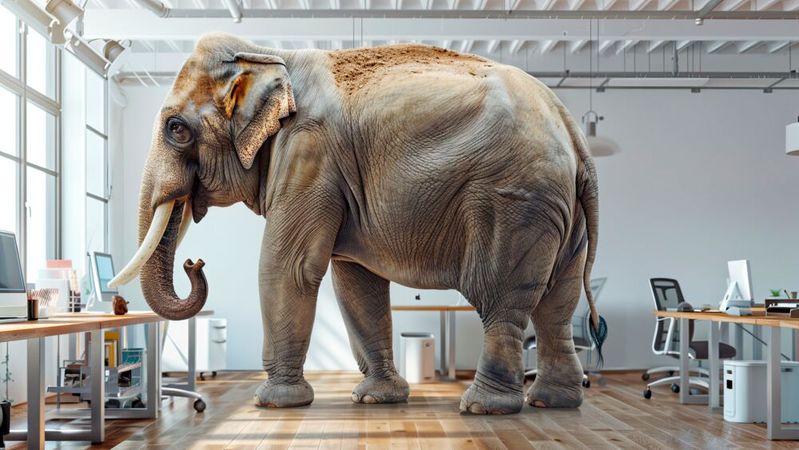 Der sprichwörtliche Elefant im Raum ist bei DevOps-Teams oftmals die Datenbank beziehungsweise das Daten-Management. Doch irgnorieren hilft nicht. (Bild: ©  Mohammad Xte - stock.adobe.com / KI-generiert)