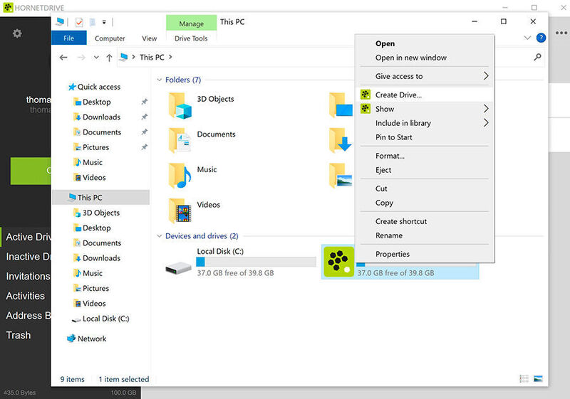 Über das Kontextmenü können aus Windows heraus weitere Laufwerke in HornetDrive erstellt werden. (Joos)