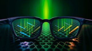 Der photoelektrische Effekt macht die Topologie der Elektronen auf der Oberfläche eines Quantenmaterials sichtbar. Das Experiment kann man sich vorstellen wie eine Polarisationsbrille im 3D-Kino – auch hier werden unterschiedlich ausgerichtete Strahlen eingesetzt.   (Bild: Jörg Bandmann/ct.qmat)