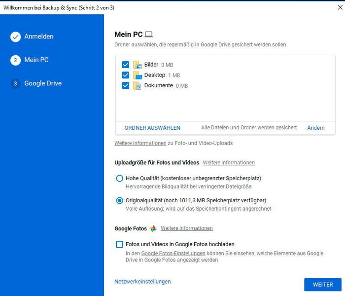 Im Rahmen der Einrichtung werden die Verzeichnisse ausgewählt, die mit der Cloud synchronisiert werden sollen.  (Google / Thomas Joos)