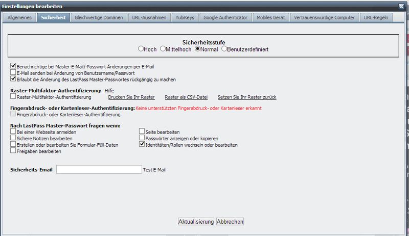Die Einstellungen zur Sicherheit. LastPass unterstützt einige zusätzliche Funktionen, darunter auch Fingerabdruck-Scanner. (Bild: VBM)