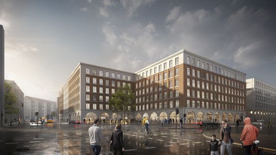 (Bis Ende 2022 soll der sechsgeschossige Gebäudekomplex mit zweistöckiger Tiefgarage fertig sein. Quelle: TLG Immobilien AG, Urheber: Knerer und Lang Architekten GmbH)