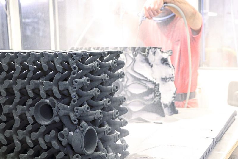 Nachbearbeitung des additiv gefertigten Teilstücks der Meristem Wall bei Voxeljet. (Bild: voxeljetAG)