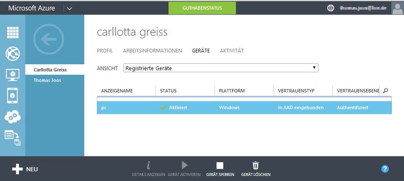 Die erfolgreiche Anmeldung zeigt Windows 10 im Assistenten an. Im Gegensatz zur Anmeldung an einer Active Directory-Domäne ist nach der Anbindung kein Neustart notwendig. Im Azure-Portal sind die registrierten PCs wiederum in den Einstellungen des Benutzers zu sehen. Hier können Administratoren einzelne Geräte auch sperren und wieder freischalten. (Bild: Thomas Joos)