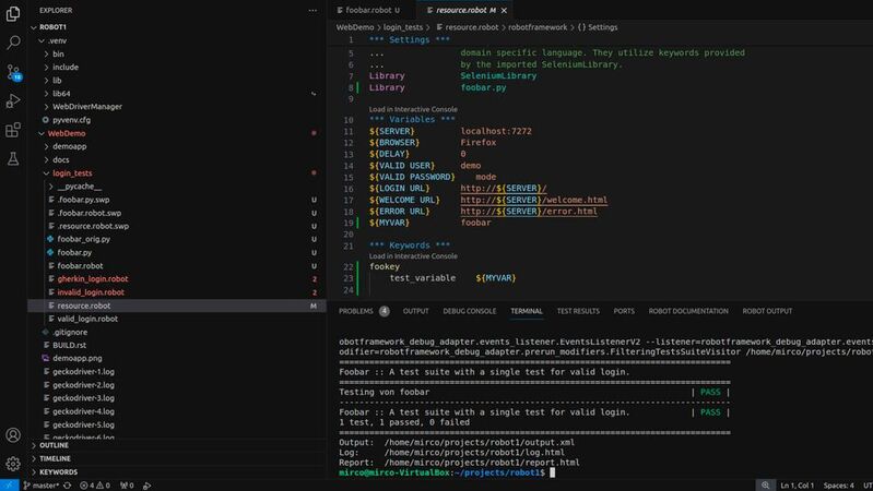 Robot-Framework-Tests in Visual Studio Code.