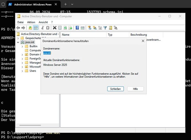 Die angehobene Domänenfunktionsebene auf Windows Server 2025. (Bild: Joos)