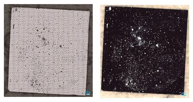 Abb.3: MP-Videoimage. l.: Auflicht-Mikroskopbild des beladenen Filters; r.: Dunkelfeld-Beleuchtung