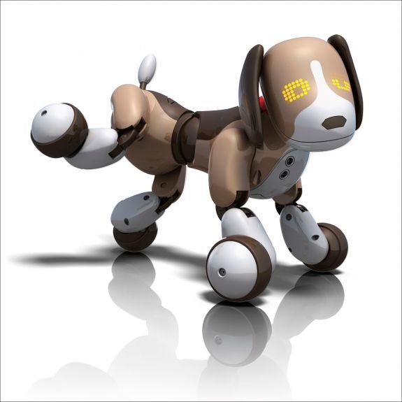 Der interaktive Roboter-Hund Zoomer TM Bentley 2.0. hat es in sich: In diesem Freund steckt tierisch viel High-Tech und dennoch wirkt er wunderbar natürlich. Der kleine Beagle lernt und versteht jetzt sogar 50 verschiedene Kommandos. Dank seiner hochmodernen Geräusch- und Bewegungssensoren ist er extrem „lernfähig“ und geschickt. Wenn er sich freut, wedelt er ganz aufgeregt mit dem Schwanz, rollt sich von einer Seite auf die andere, stellt sich tot oder spielt sogar Ball. (Bild: www.wissenschaft-shop.de)