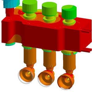 Das Bild zeigt die Temperaturverteilung im Heißkanal und in den Bauteilen während des Füllvorgangs mit Sigmasoft.