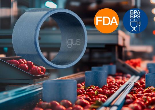 Mit dem Werkstoff iglidur A351 hat igus ein neues Bisphenol-freies und FDA-konformes Material entwickelt, welches für den Kontakt mit Lebensmitteln zugelassen und besonders beständig gegen Reinigungschemikalien und hohe Temperaturen bis 180°C ist. (Bild:  igus SE & Co. KG)