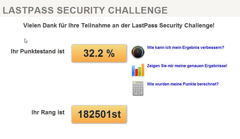 Die Sicherheits-Challenge ist ein in LastPass integrierter Benchmark, der die eigenen Daten untersucht und bewertet. Auch das geschieht alles lokal auf dem System, nicht auf den Servern von LastPass. Der Dienst gibt anschließend Tipps ob und wie sich die Sicherheit weiter verbessern lässt. (Bild: VBM)