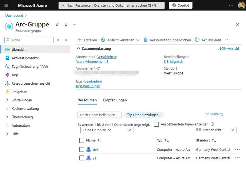 In der jeweiligen Azure-Ressourcengruppe sind die einzelnen Objekte für die per Arc angebundenen Server im lokale Rechenzentrum zu sehen. (Bild: Joos - Microsoft)