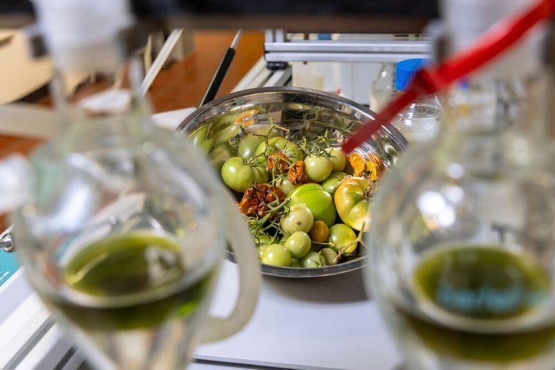 Aus Resten der Tomatenproduktion, wie Blättern, Stängeln, Samen, Schalen sowie unreifen und schimmligen Früchten, soll nachhaltiger Flugzeugtreibstoff werden. (Bild: TU Graz/ Helmut Lunghammer)