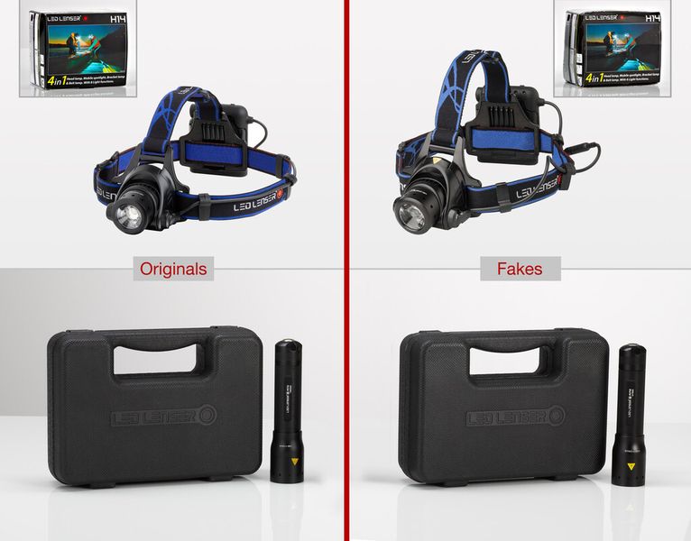 Der Sonderpreis Wiederholungstäter ging an die LED-Taschenlampe LED Lenser M7R und LED-Stirnlampe LED Lenser H14. Links die Originale der Zweibrüder Optoelectronics GmbH & Co. KG, Solingen, Deutschland; rechts die Fälschungen der JRS Technology Co., Ltd., VR China(JRS wurde bereits 2013 mit dem Sonderpreis Fälschung ausgezeichnet; die Firma zeigt keinerlei Reaktion oder Einsicht). (Bild: Plagiariuse.V.)