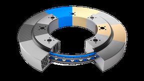 Possible materials for the housings of wire race bearings (from left clockwise): 3D-printed structure, carbon, steel, plastic, brass, aluminum, bronze, stainless steel (Source: Franke)