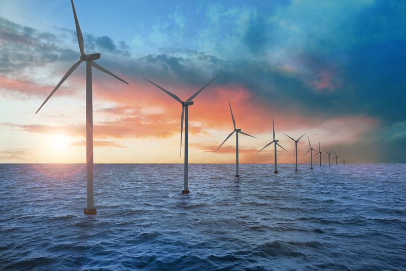 This picture shows an offshore windfarm. The special feature lies in the fact that the floating wind turbines are installed in sea. (Source: New Africa - stock.adobe.com)
