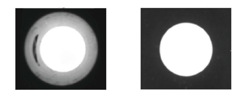 Abb 10: Abbildung einer tiefen Bohrung bei diffusem Durchlicht (entozentrisches Objektiv) (links) und bei telezentrischem Durchlicht (telezentrisches Objektiv). (IPF Electronic)