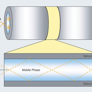Abb.1: Lichtstrahlen, die in den flüssigen Kern der Flusszelle eintreten, werden beim Auftreffen
auf die Teflon-AF-Grenzschicht nach innen reflektiert. Die Strahlen werden verlustfrei durch
die Zelle geleitet und nur von der Probe absorbiert.