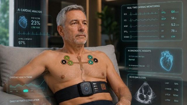 Die neue Version des Sensorsystems basiert auf wiederverwendbaren Pflastern und integriert einen tragbaren Rechner, der die KI-gestützte Auswertung der gesammelten Daten ermöglicht.(Bild:  KI-generiert)