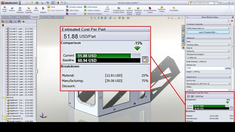 In Solidworks Professional lassen sich die Kosten von Blechteilen und maschinell bearbeiteten Teilen sofort  mit der Kostenanalyse kalkulieren.  (Bild: Solidworks)