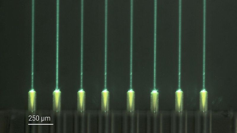 Die Mikroskopie-Aufnahme zeigt, wie präzise die optischen Projektionen der Linsen des Faserarrays sind. Hier wird grünes Licht in parallele Lichtstrahlen kollimiert. (Bild: Nanoscribe)