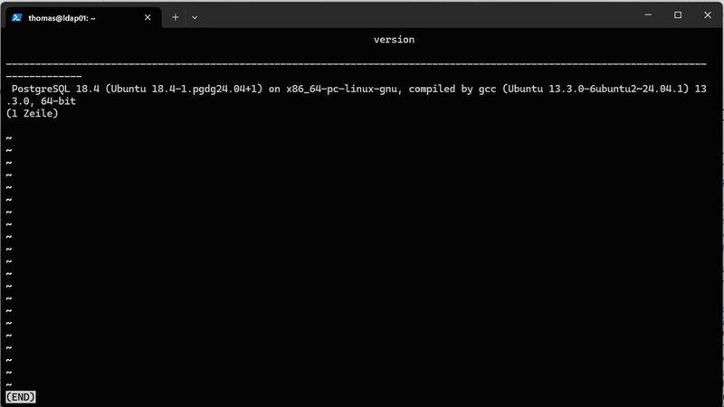 Der Befehl „SELECT version()“ bestätigt die installierte Serverversion PostgreSQL 18.4 auf Ubuntu unter x86_64. (Bild: Joos)
